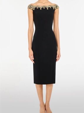 Jenny Packham Valerie Black Off-Shoulder Midi Dress with Gold Tassel Trim